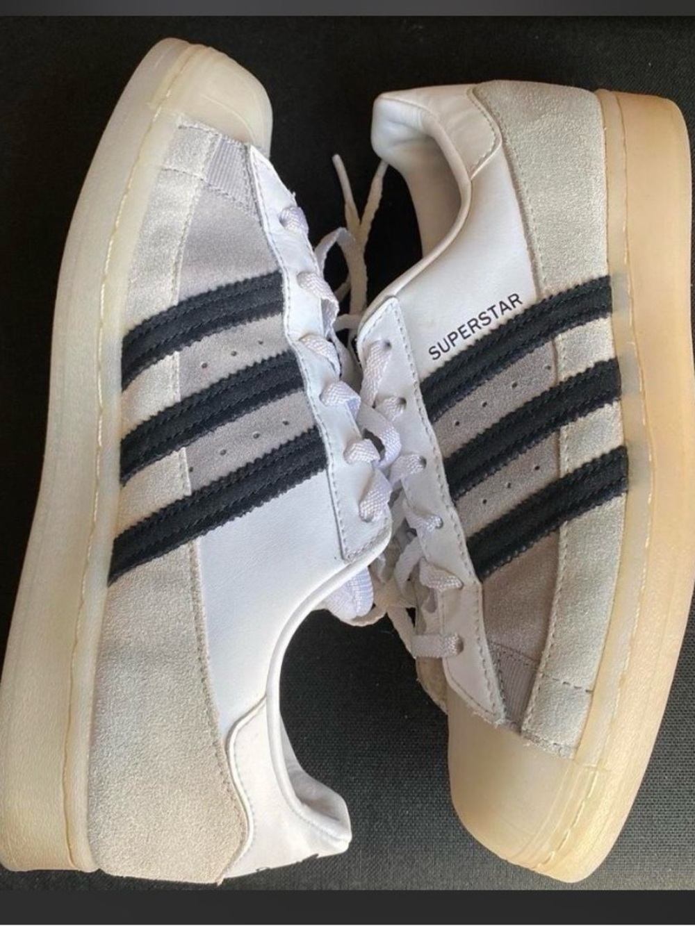 adidas Women’s White Sneakers with Black Stripes and Cream Shell Toe